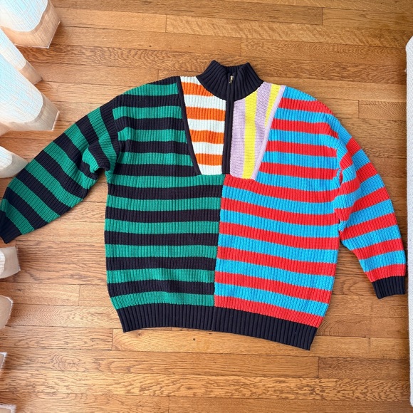 STAUD Sweaters - STAUD Colorblock Striped Half-Zip Sweater - Black, Green, Red, Blue